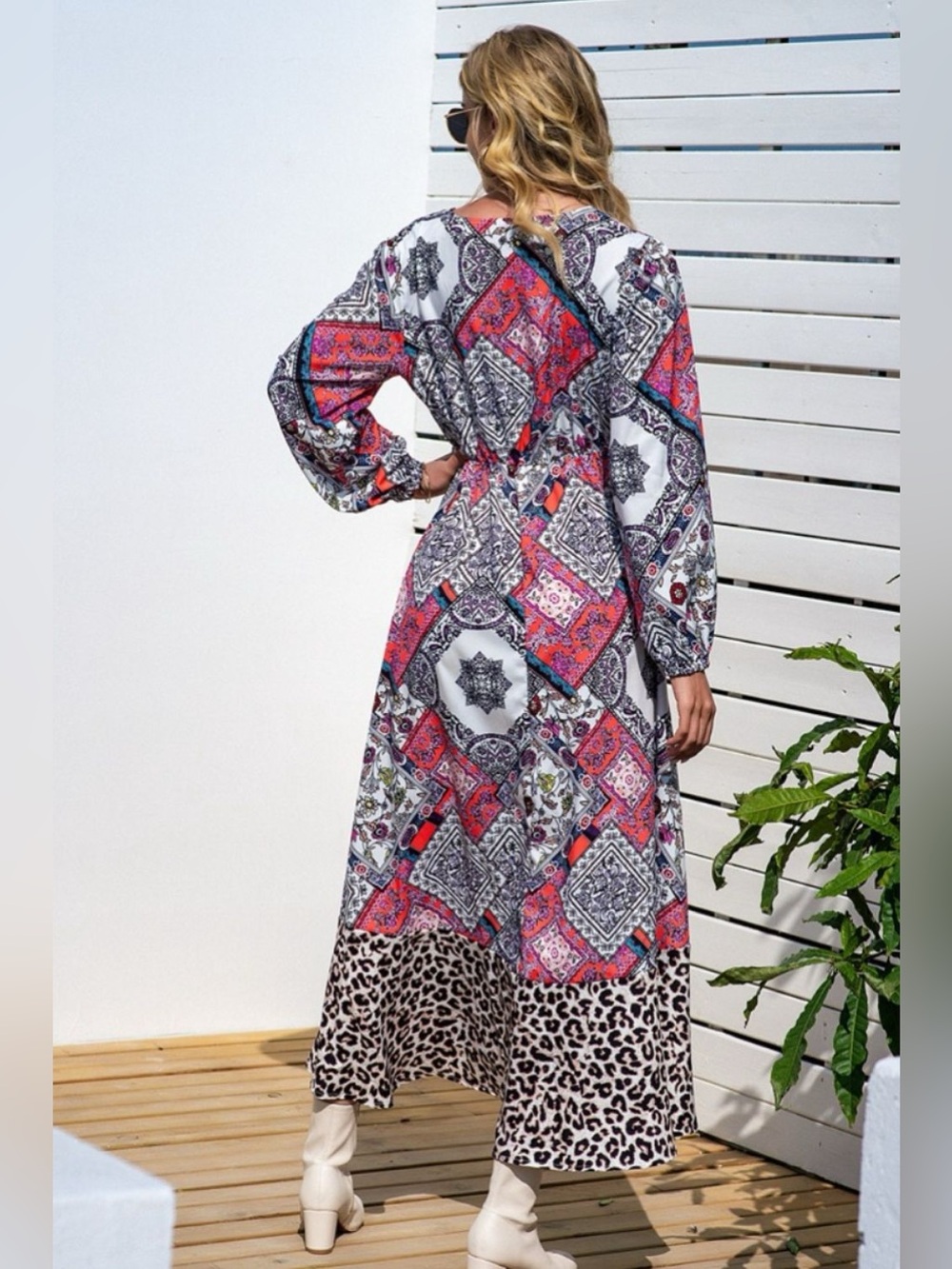 Leopard Ruffle Trim V-Neck Printed Dress - Picture 2 of 6